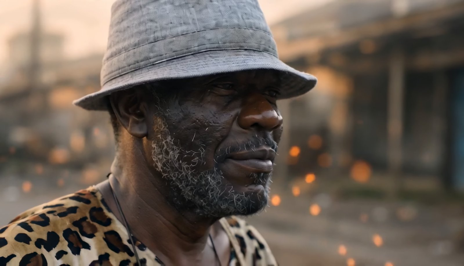 Close-up of an older man wearing a grey bucket hat and patterned shirt