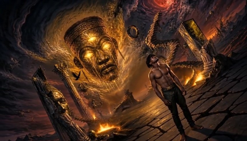 A young man stands before a glowing golden ancestral face in a tilted chamber
