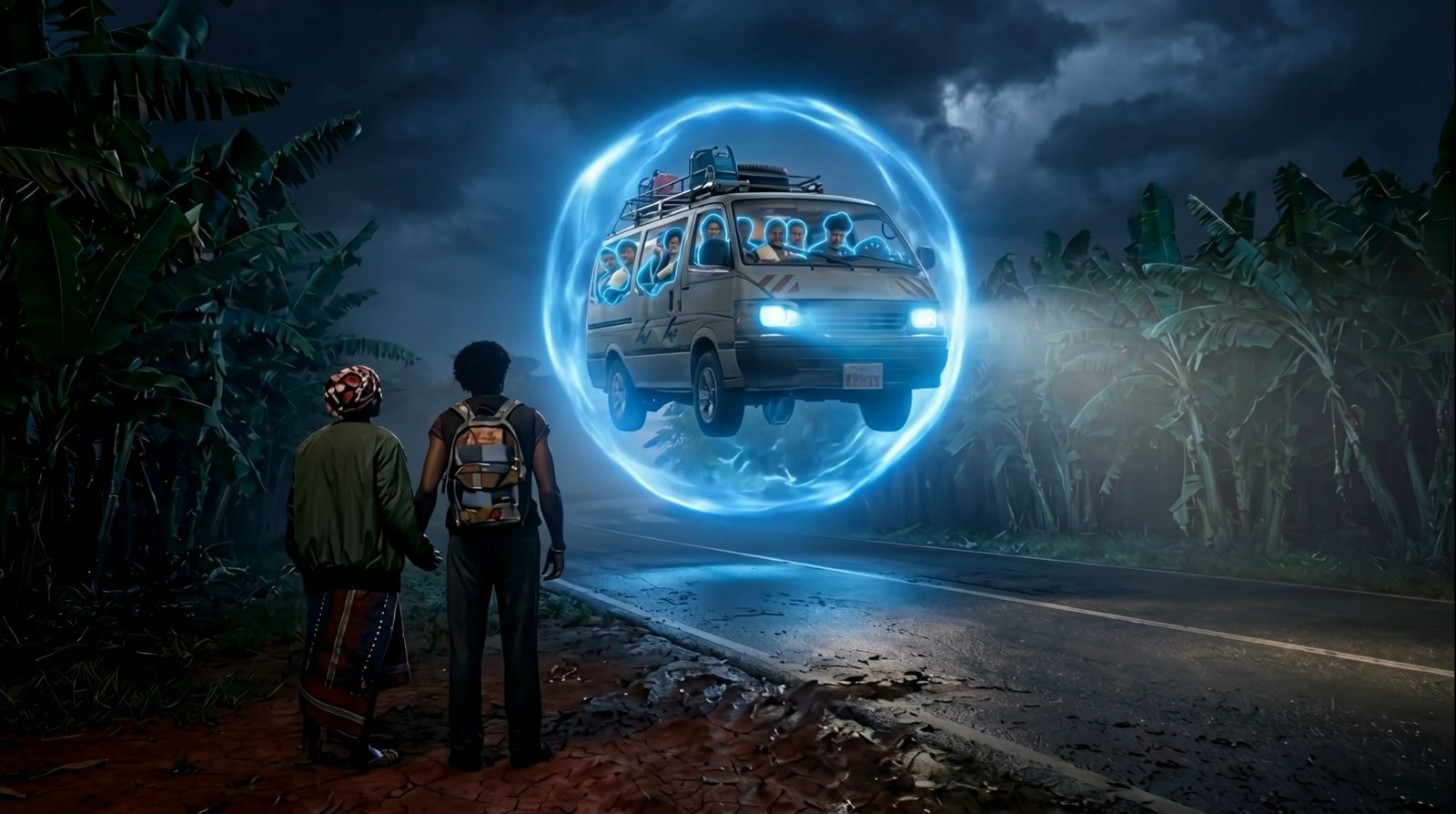 Two figures watch a van emerge from a blue portal on a Cameroon road — The Children Of The Ore trailer