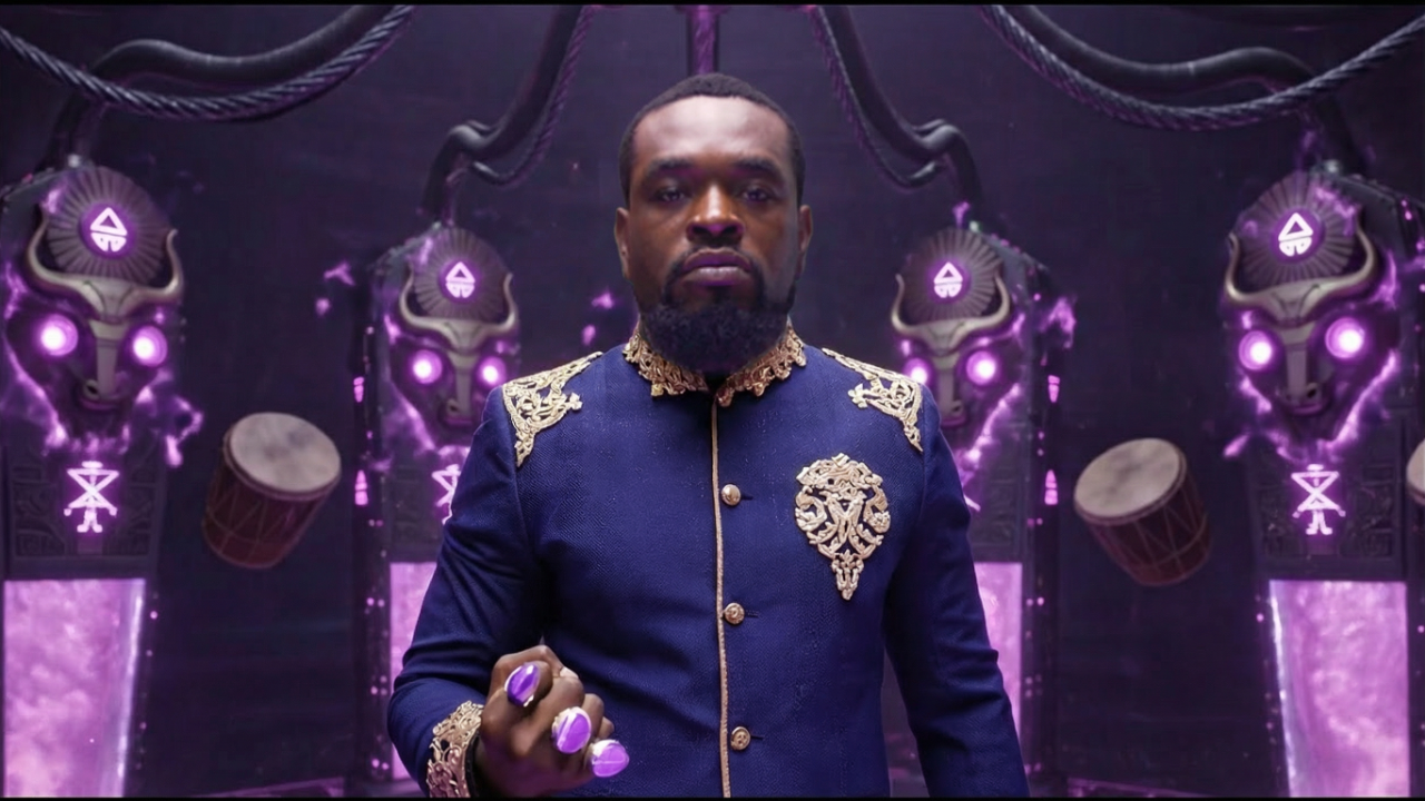 A man in a blue ceremonial suit inside his violet-lit den — a still from The Children Of The Ore