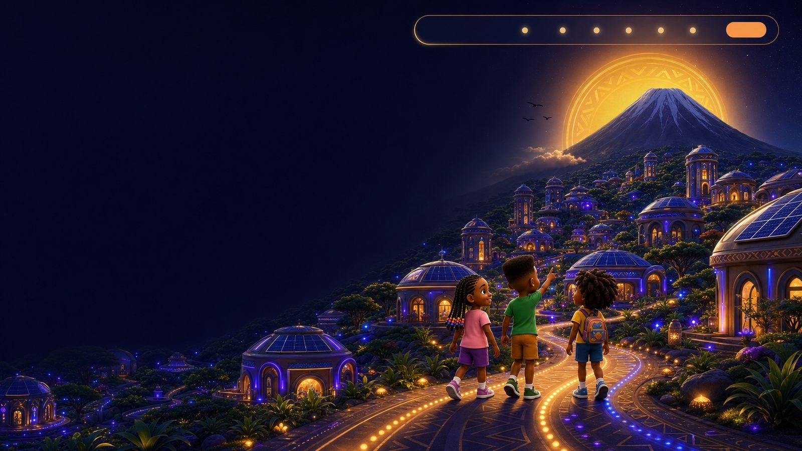 Three children on a lantern-lit road winding up through a village of domed houses toward a glowing mountain
