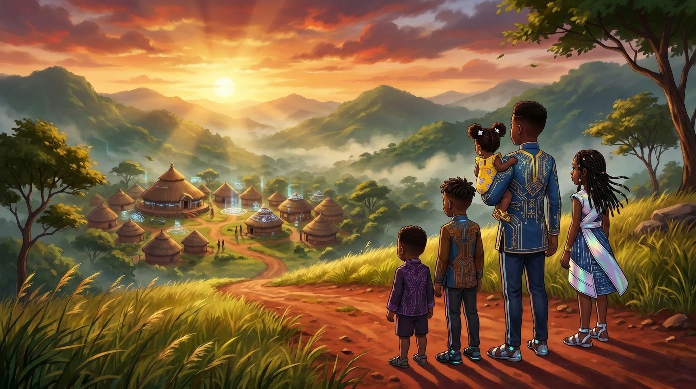 A father and four children look down over a highland village at sunset, ancestral compounds threaded with soft holographic light
