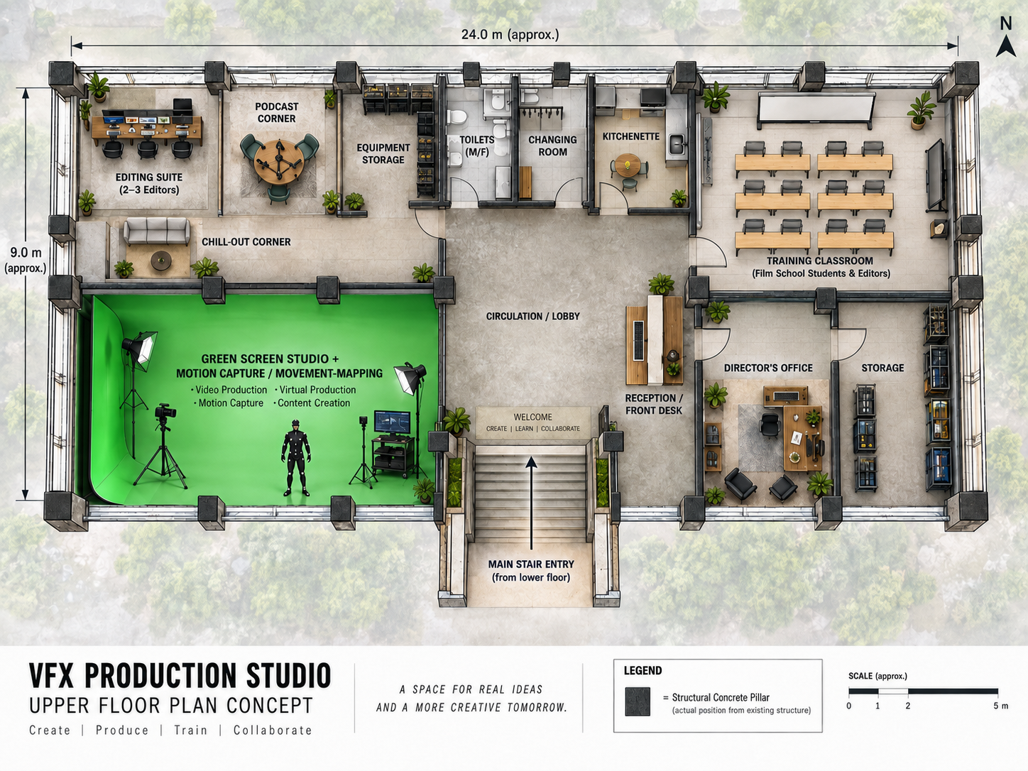 Concept plan for a future Silent N VFX production studio, including green-screen stage, editing suite, podcast corner and training classroom