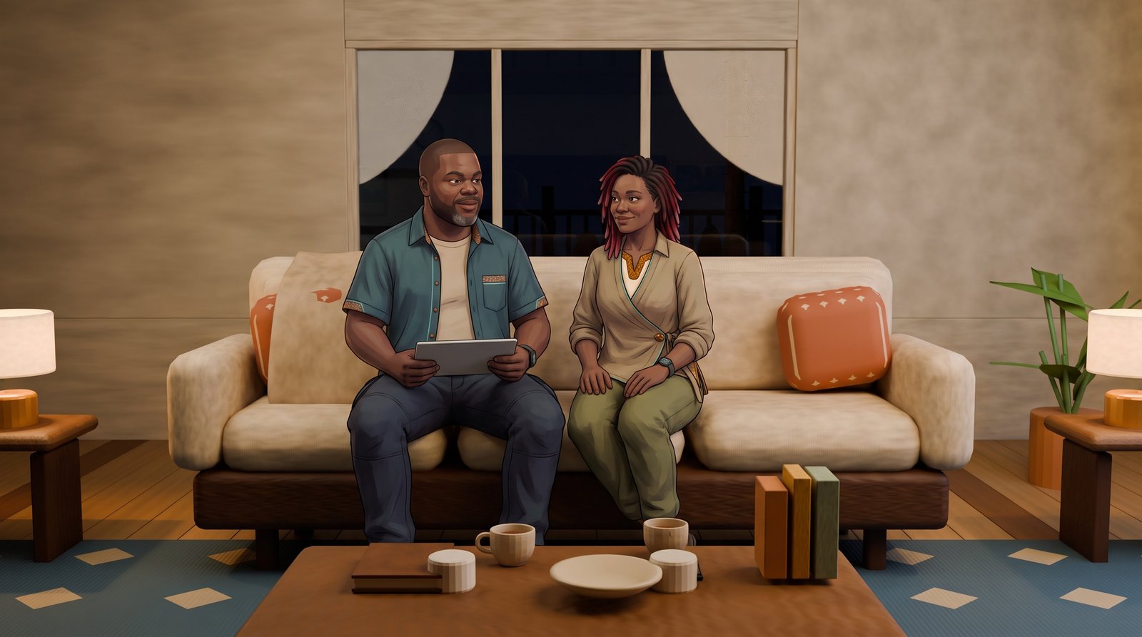 First Scene 15 story still with Pa Mbeng and Namondo seated on their couch