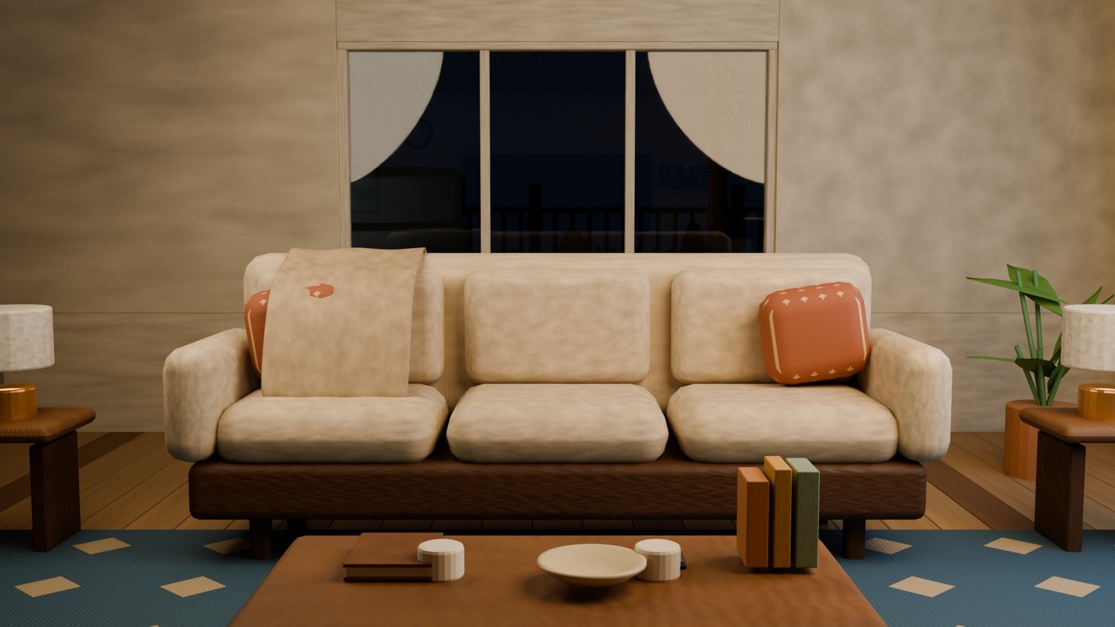 The existing Mbeng couch photographed from the front at night, before adding characters