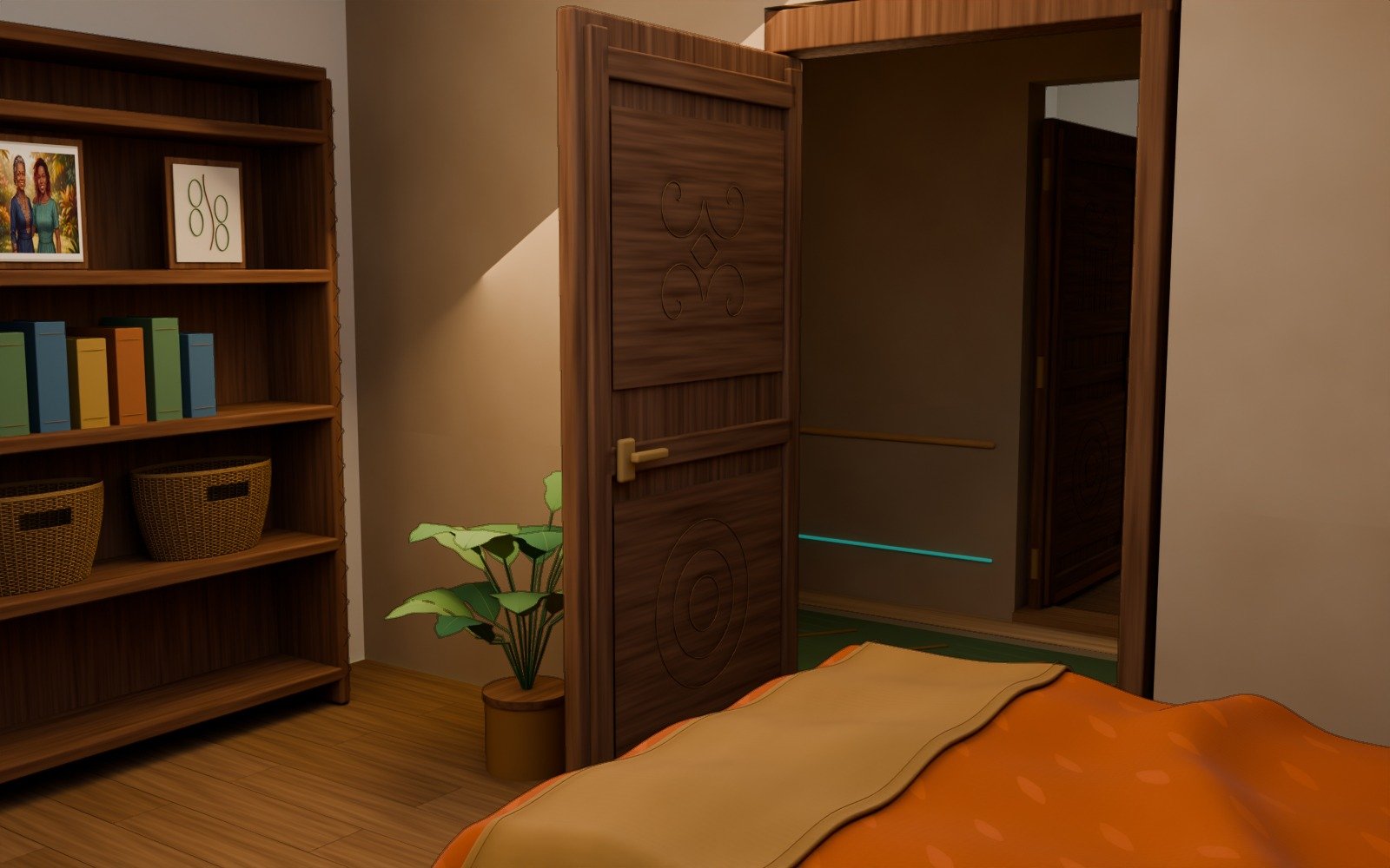 H02 · Shared room carved door both faces