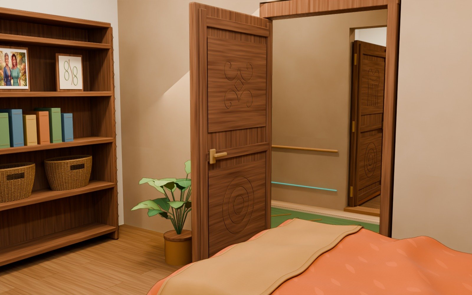 H02 · Shared room carved door both faces