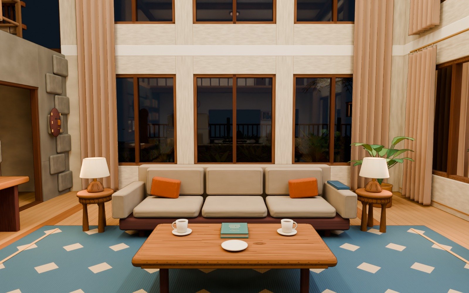 L01 · Living room balanced timber and glass